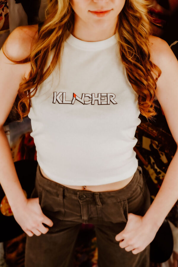 White Racerback Crop Top with Klincher Logo - Image 5